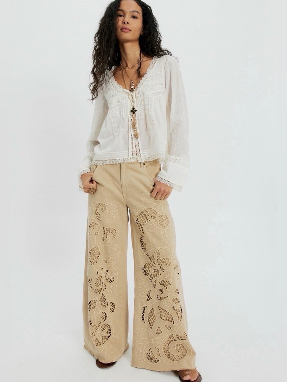 Free People Cut To The Chase Flare Jeans We The Free Embroider Cutwork Lace Tan